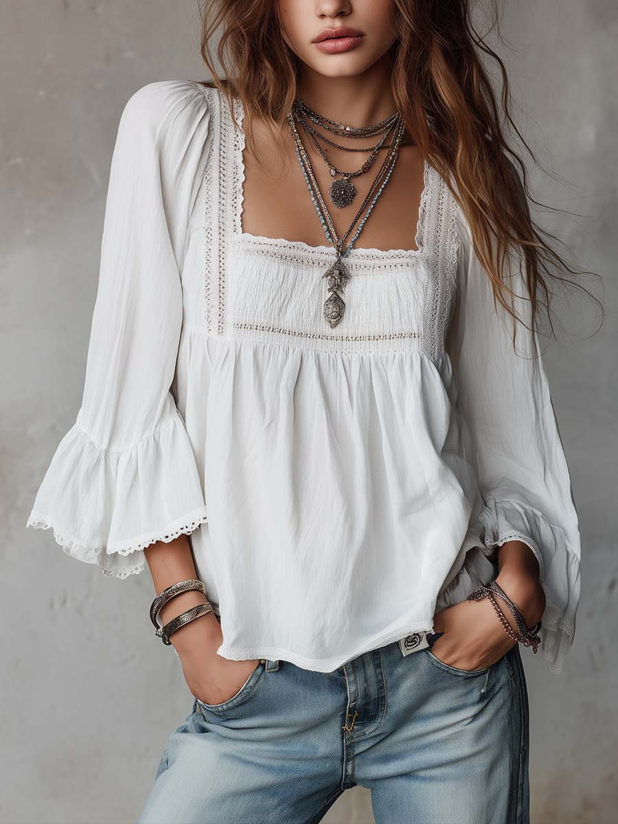 Casual Linen And Cotton Top With Lace Paneling
