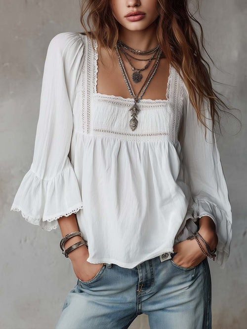 Casual Linen And Cotton Top With Lace Paneling