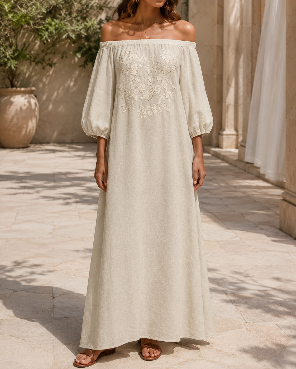 Linen Off Shoulder Floral Embroidery Balloon Sleeve Maxi Dress