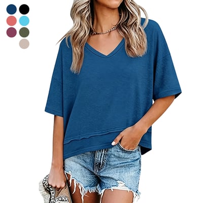 Solid V-Neck Patchwork Hem Blouses
