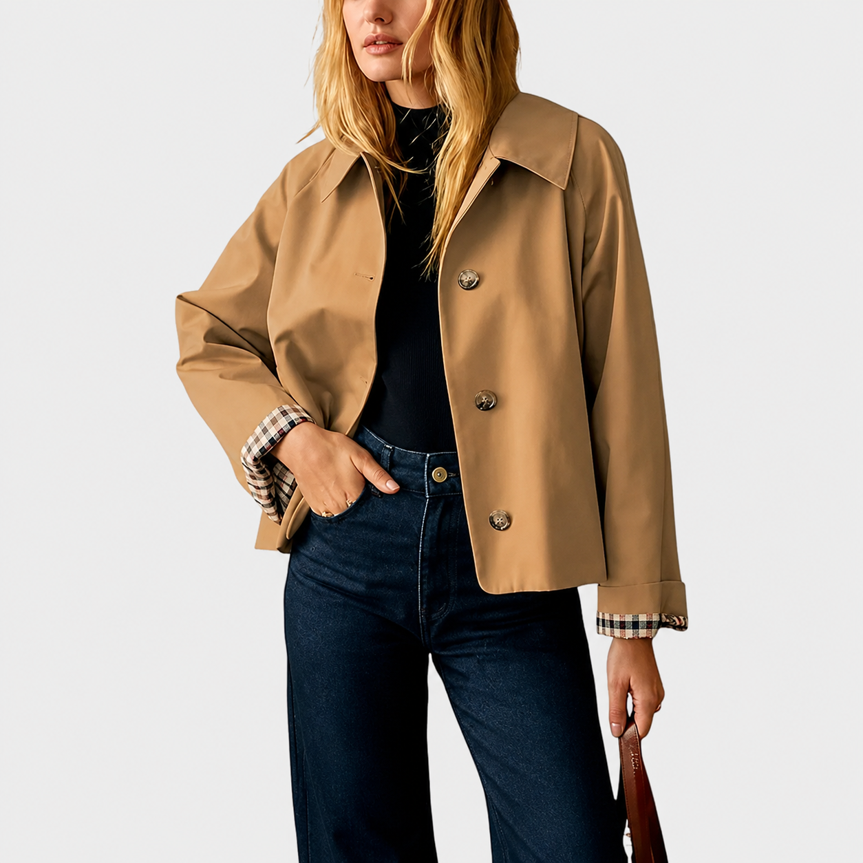 Women's Cropped Trench Coat Oversized Checkered Lining