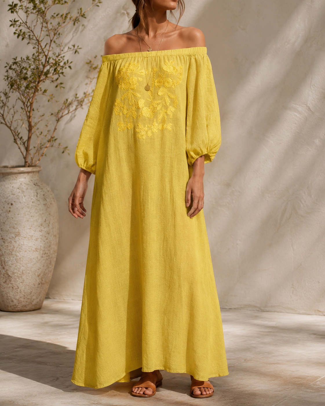 Linen Off Shoulder Floral Embroidery Balloon Sleeve Maxi Dress
