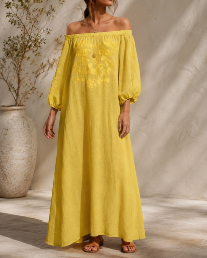 Linen Off Shoulder Floral Embroidery Balloon Sleeve Maxi Dress