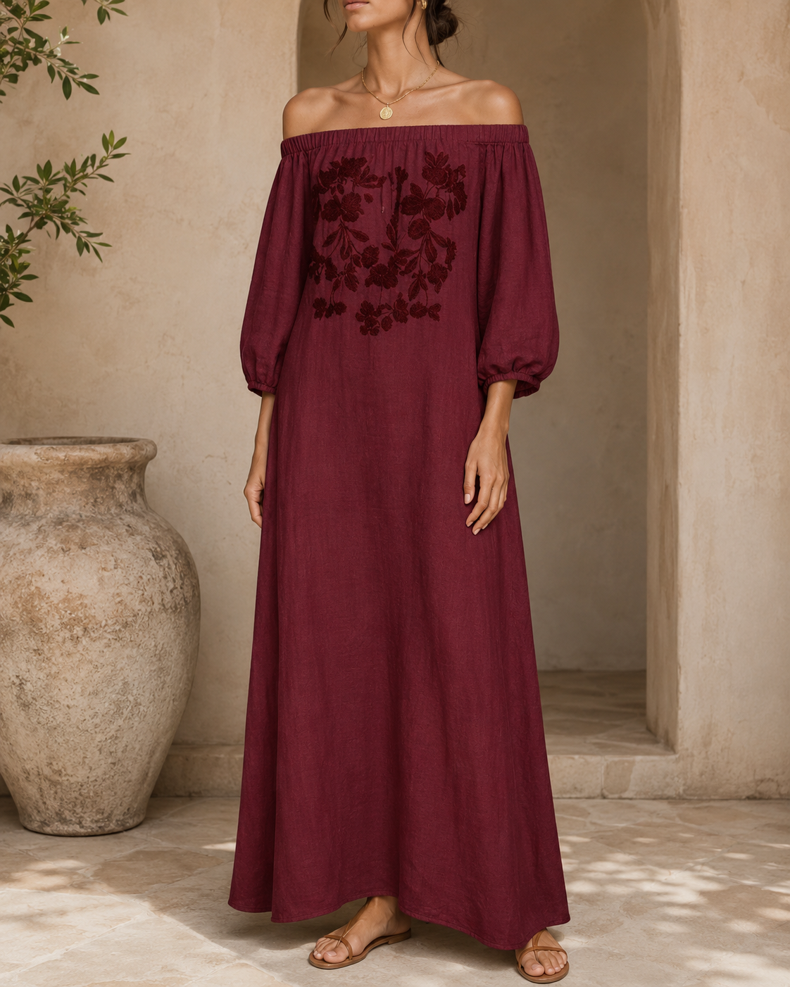Linen Off Shoulder Floral Embroidery Balloon Sleeve Maxi Dress