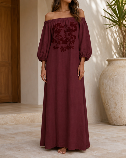 Linen Off Shoulder Floral Embroidery Balloon Sleeve Maxi Dress