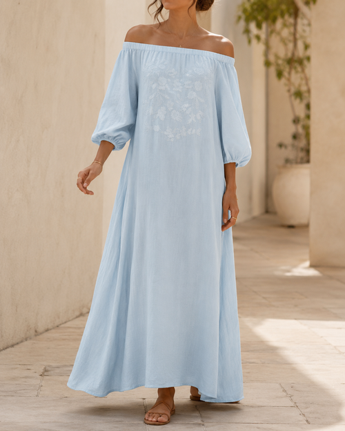 Linen Off Shoulder Floral Embroidery Balloon Sleeve Maxi Dress