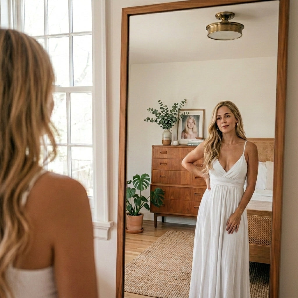 Woman recognizing herself in the mirror