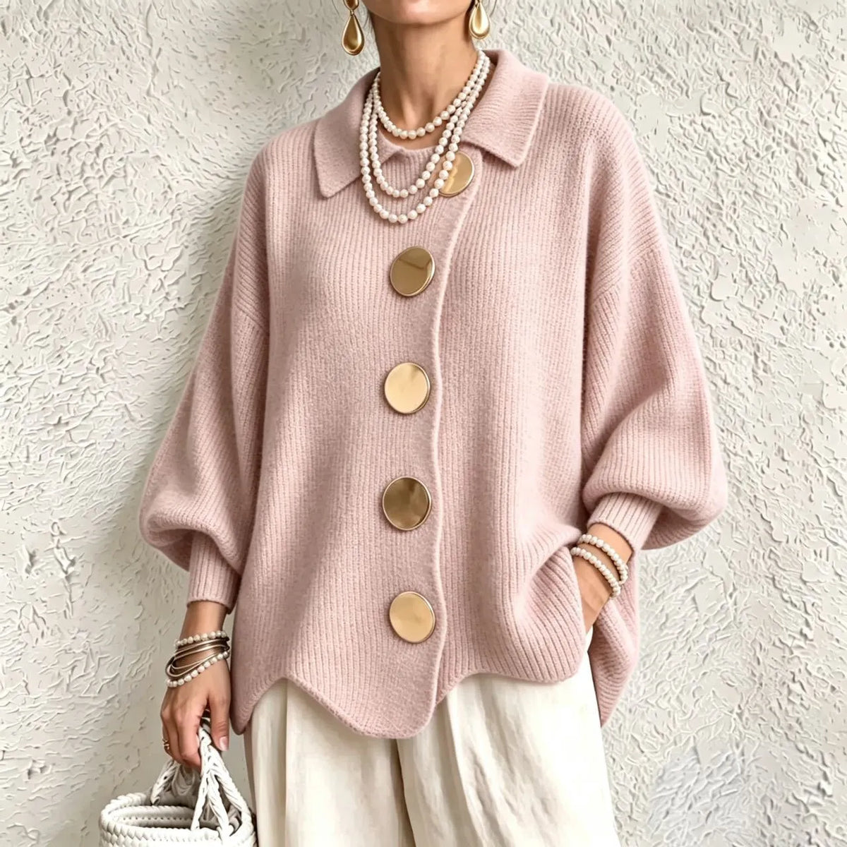 Women's French Knit Cardigan Metal Buttons Irregular Hem