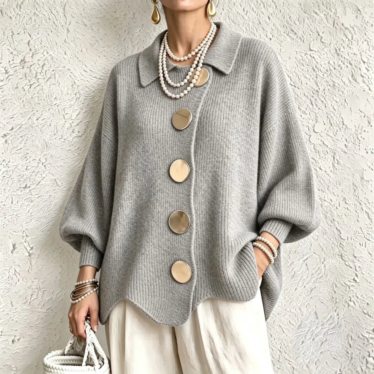Women's French Knit Cardigan Metal Buttons Irregular Hem
