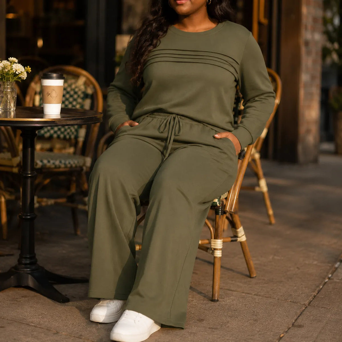 Women's Crew Neck Top and Drawstring Pants Casual Set