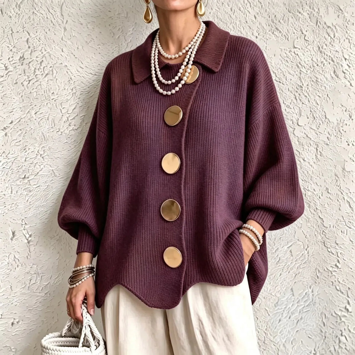 Women's French Knit Cardigan Metal Buttons Irregular Hem