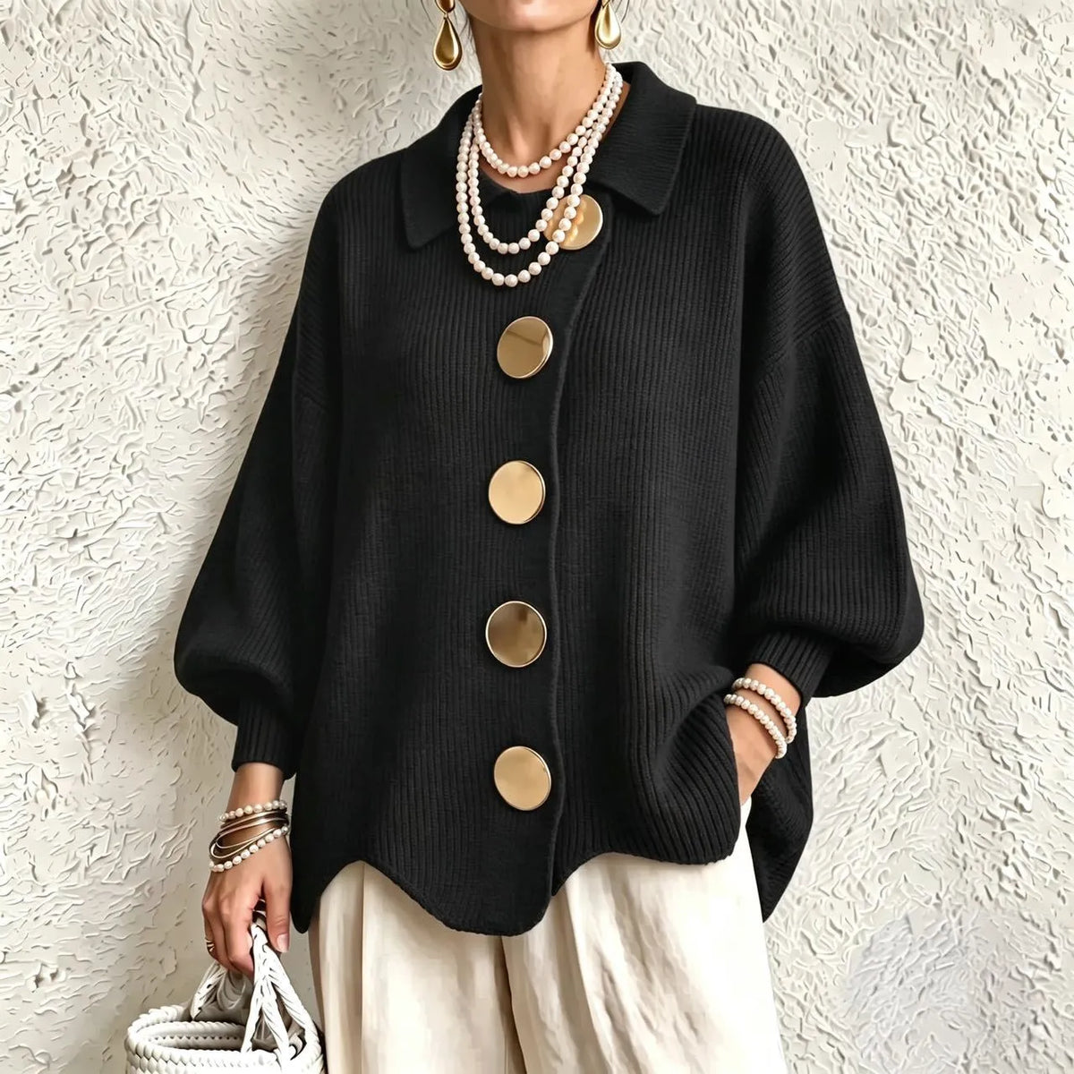 Women's French Knit Cardigan Metal Buttons Irregular Hem
