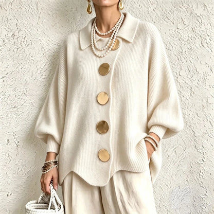 Women's French Knit Cardigan Metal Buttons Irregular Hem